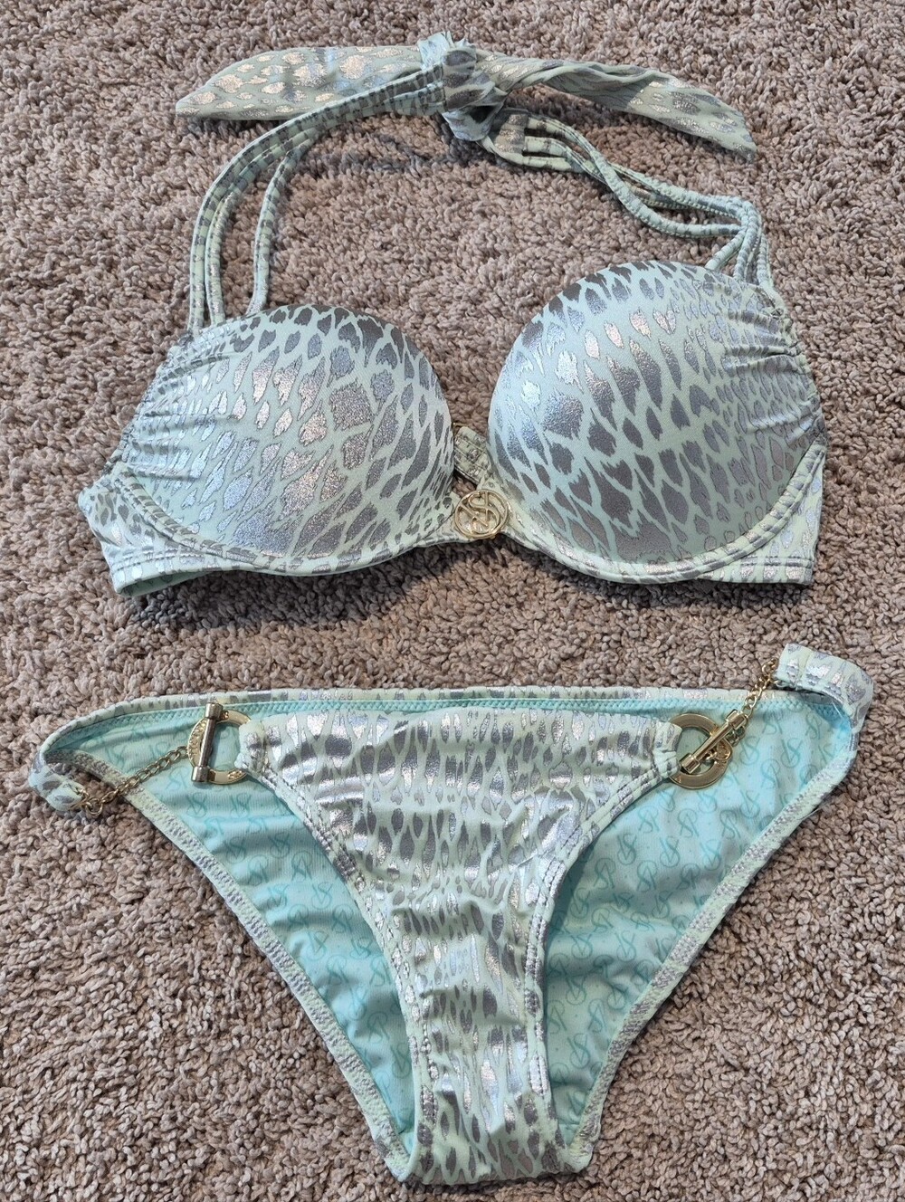 Victoria's Secret Miraculous Bombshell Turquoise Metallic Animal Print Bikini